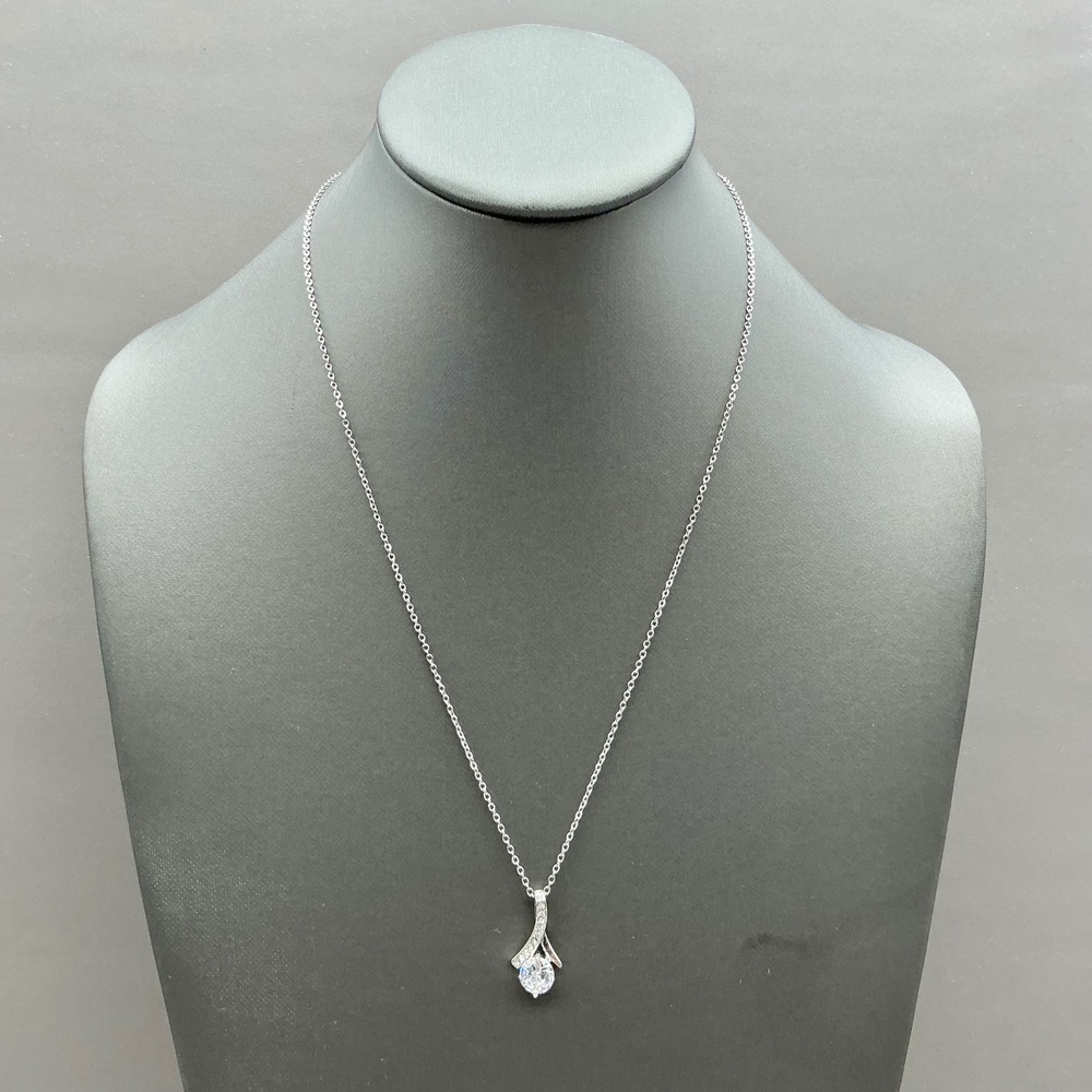 Cubic Zirconia Ribbon Pendant Necklace Women Silver Tone Fashion Jewelry 20"